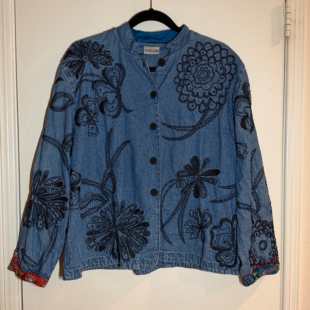 Chicos Women’s Lightweight Embroidered Denim Jacket With Beads And Sequins